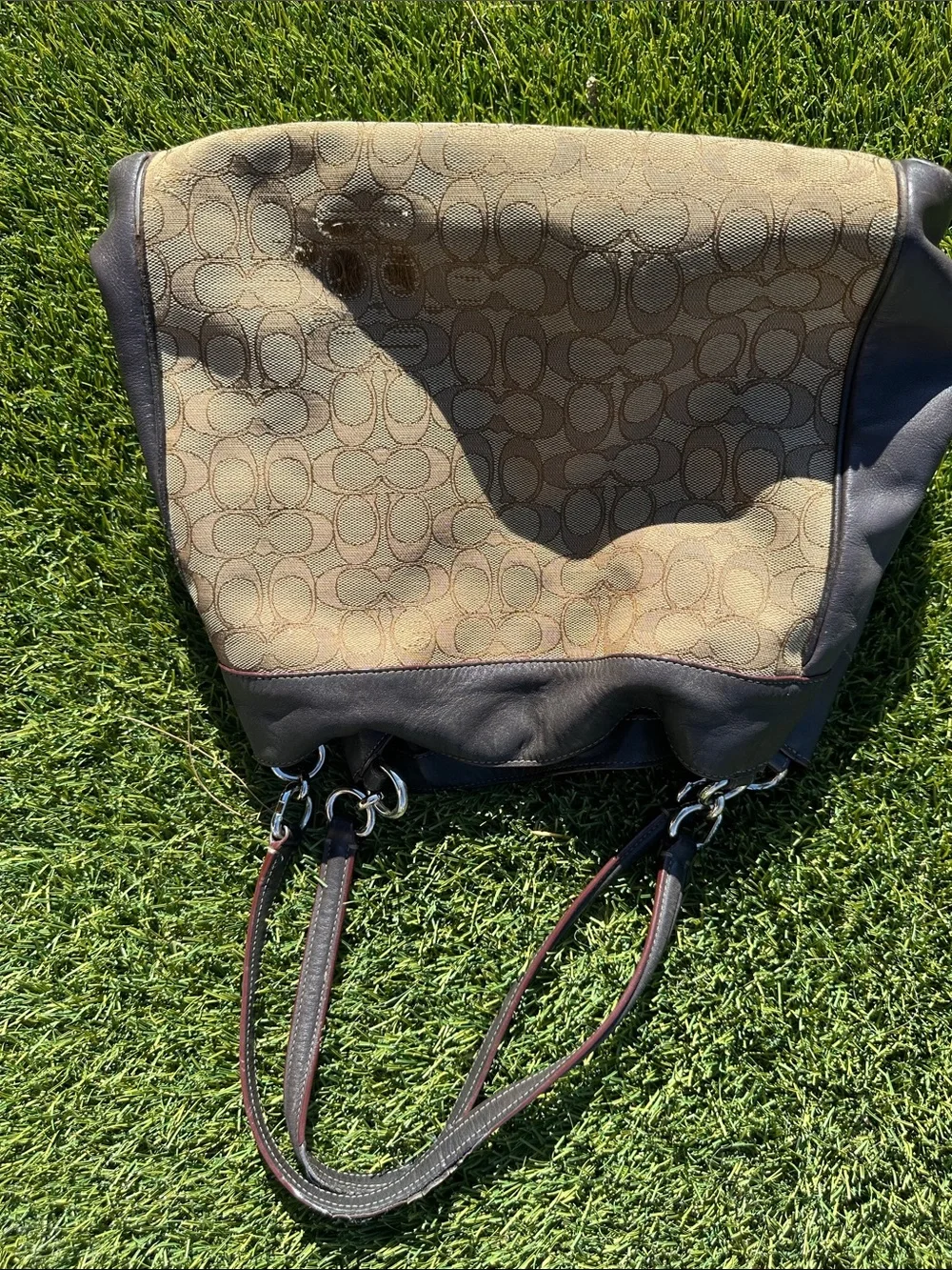 Well Loved Coach Khaki Signature Canvas Shoulder Tote with Brown Trim
